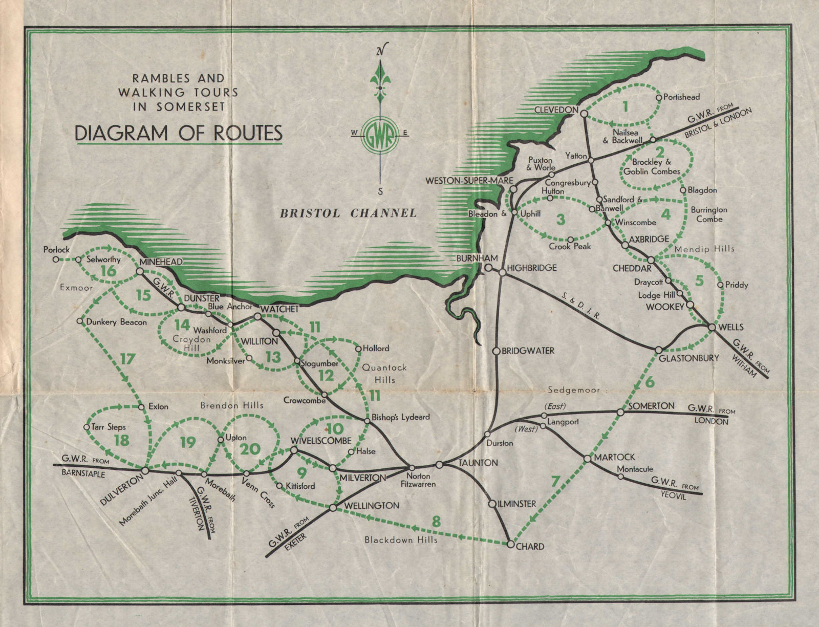 Rambles and walking tours in Somerset. Diagram of routes. Vintage map c1938